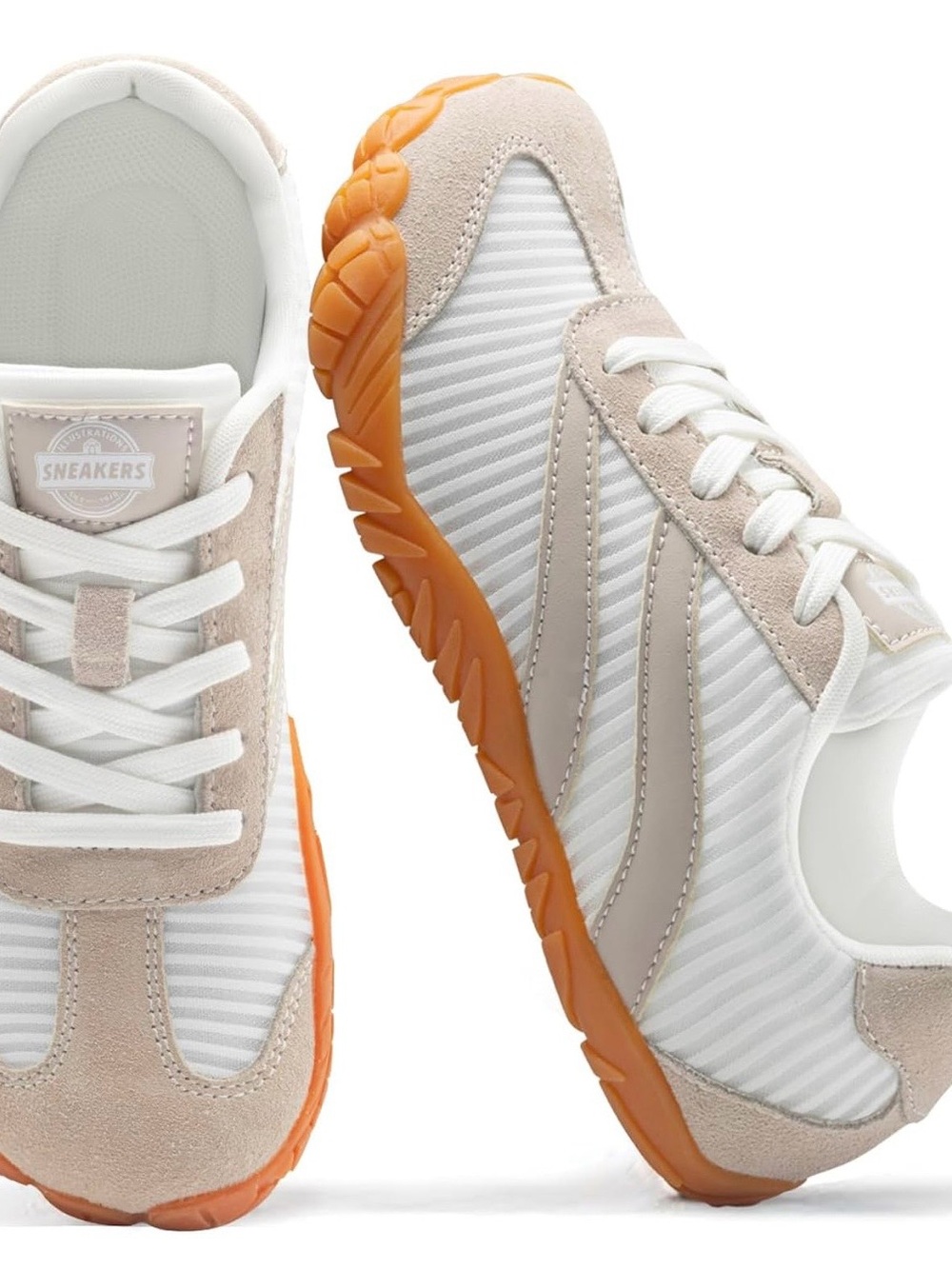 Casual White & Beige Sneakers with Orange Gum Sole